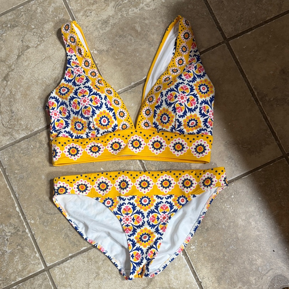 Boden Yellow Floral Print Two-Piece Bikini Set - bottoms us10/top us12